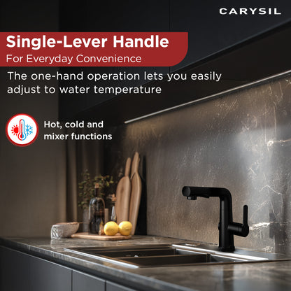 Carysil Alpha 03 Modern Kitchen Faucet with Pull-Out Spray, High Arc with 360-Degree Swivel, Single-Lever Handle for Hot/Cold Water, Matt Black Finish, 5-Year Warranty