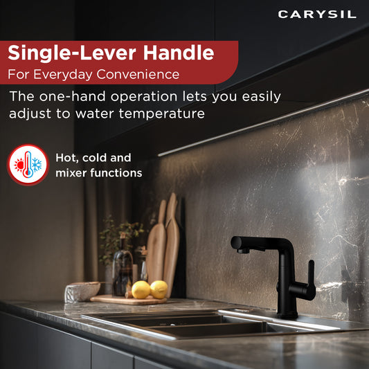 Carysil ALA PRO 1513 Modern Kitchen Faucet with Pull-Out Sprayer, 360-Degree Swivel Spout, High-Arc Design, Single Lever Handle for Hot/Cold Water, Deck Mount, 10 Year Warranty, Black Matt