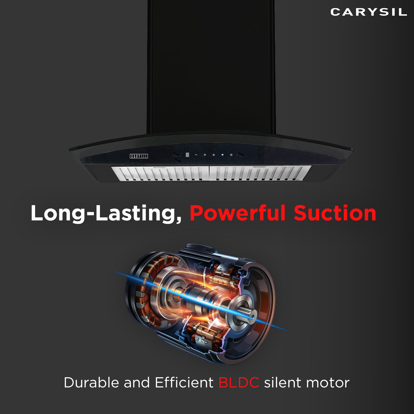 Carysil Rome 60 cm Kitchen Chimney, Curved Shape, 1250 m³/hr Suction Capacity, Baffle Filter, BLDC Silent Motor, A-Energy Class, 9-Speed Touch Control, LED Lamp, Lifetime Warranty