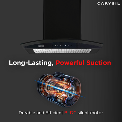 Carysil Rome 60 cm Kitchen Chimney, Curved Shape, 1250 m³/hr Suction Capacity, Baffle Filter, BLDC Silent Motor, A-Energy Class, 9-Speed Touch Control, LED Lamp, Lifetime Warranty