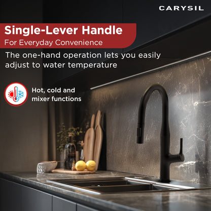 Carysil Alpha 1512 Modern Kitchen Faucet with Pull-Out Spray, High Arc with 360-Degree Swivel, Single-Lever Handle for Hot/Cold Water, Matt Black Finish, 5-Year Warranty
