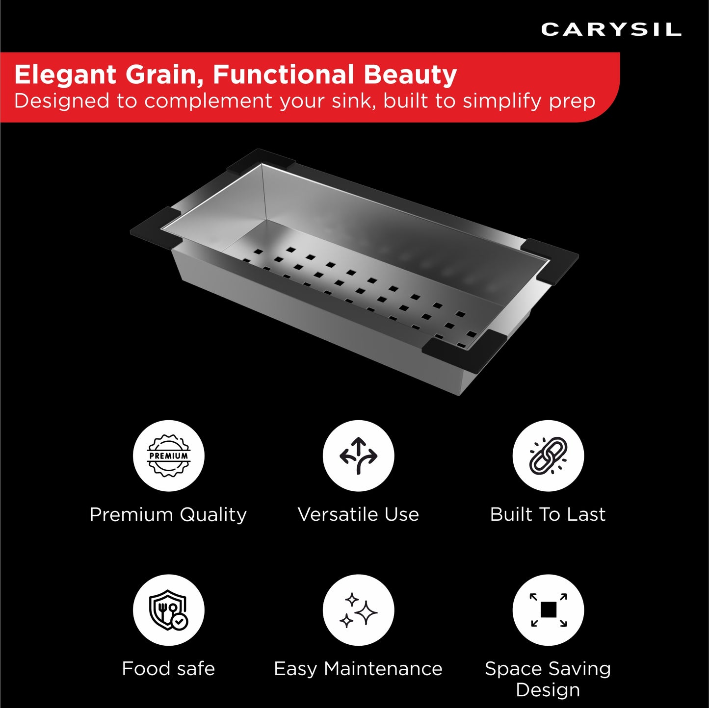 Carysil Stainless Steel Vegetable Colander for Kitchen Sink, Modern Kitchen Strainer, Rust Resistant, Compact, Easy Draining & Washing for Fruits, Vegetables, Pasta, 36.5x18x7.5 cm