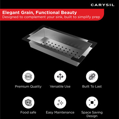 Carysil Stainless Steel Vegetable Colander for Kitchen Sink, Modern Kitchen Strainer, Rust Resistant, Compact, Easy Draining & Washing for Fruits, Vegetables, Pasta, 36.5x18x7.5 cm