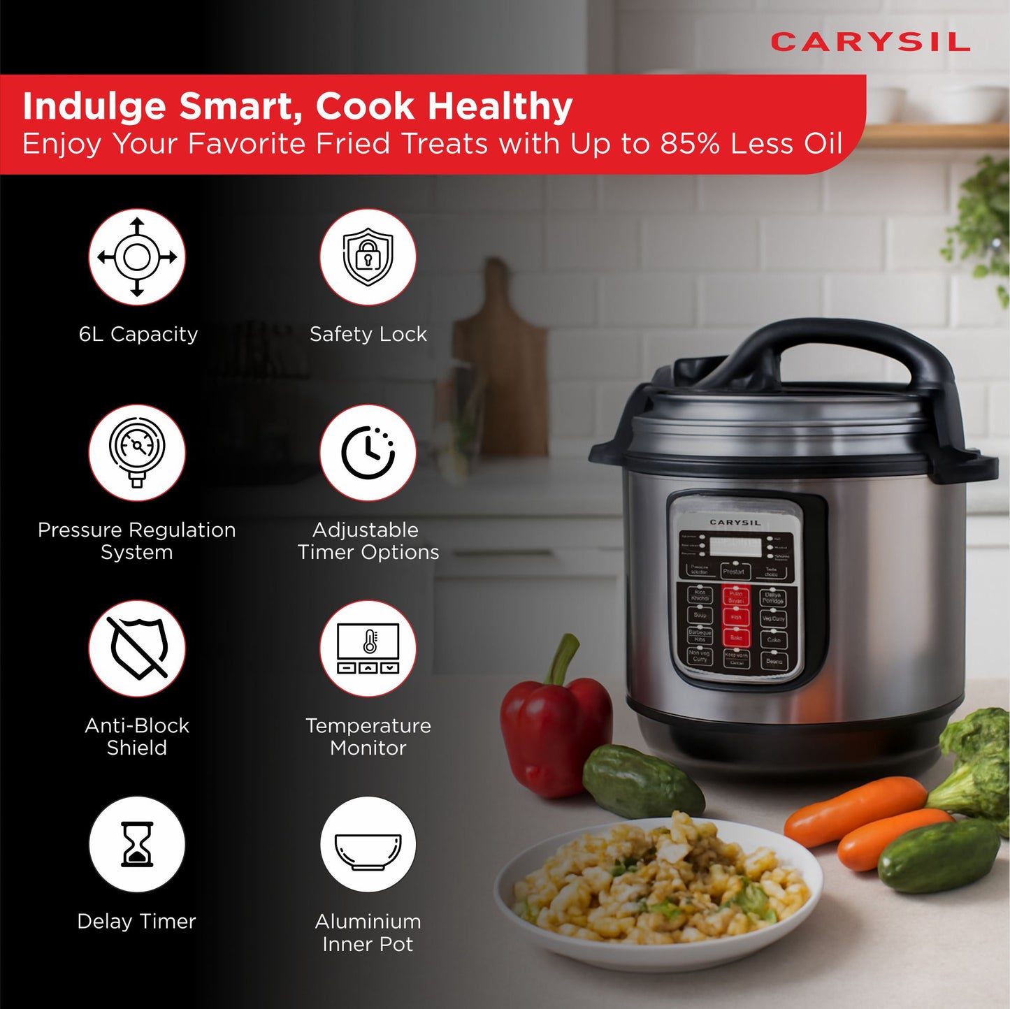 Carysil 11-in-1 Automatic Electric Pressure Cooker 6 L, 1 Year Warranty with 13 Indian Preset Menu, Instant Electric Cooker Pot, Multipurpose Rice Cooker (Stainless Steel)
