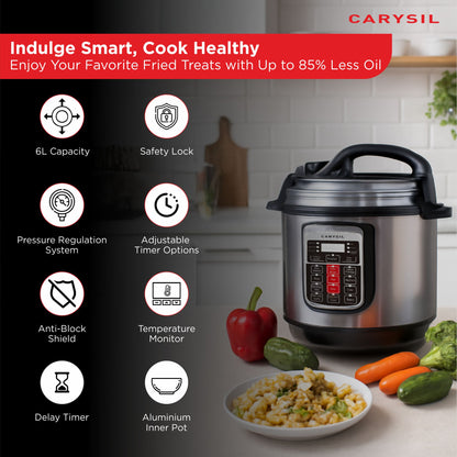 Carysil 11-in-1 Automatic Electric Pressure Cooker 6 L, 1 Year Warranty with 13 Indian Preset Menu, Instant Electric Cooker Pot, Multipurpose Rice Cooker (Stainless Steel)