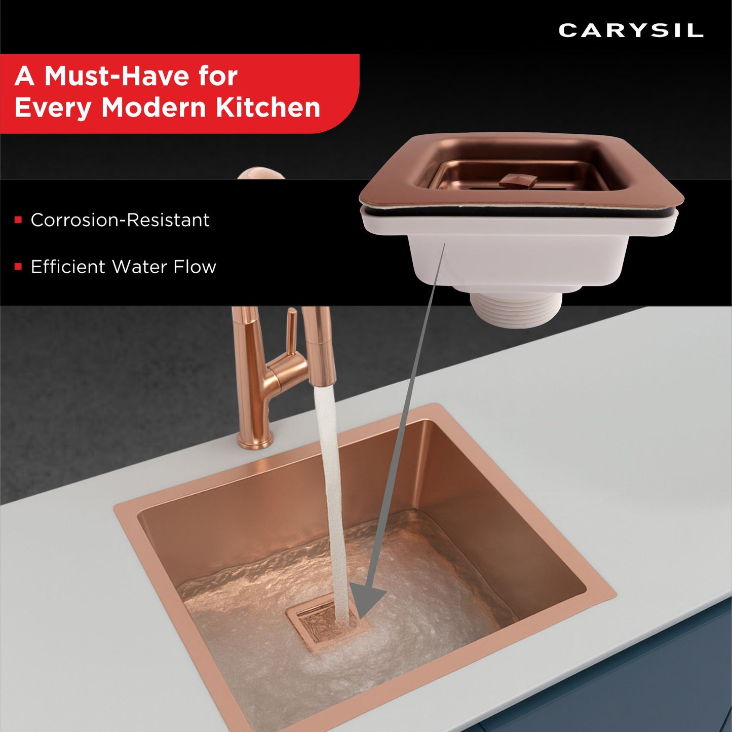 Carysil 304 Grade Stainless Steel Square Waste Coupling with Removable Waste Strainer Assembly, Corrosion-Resistant, Efficient Drainage System - Rose Gold PVD Finish