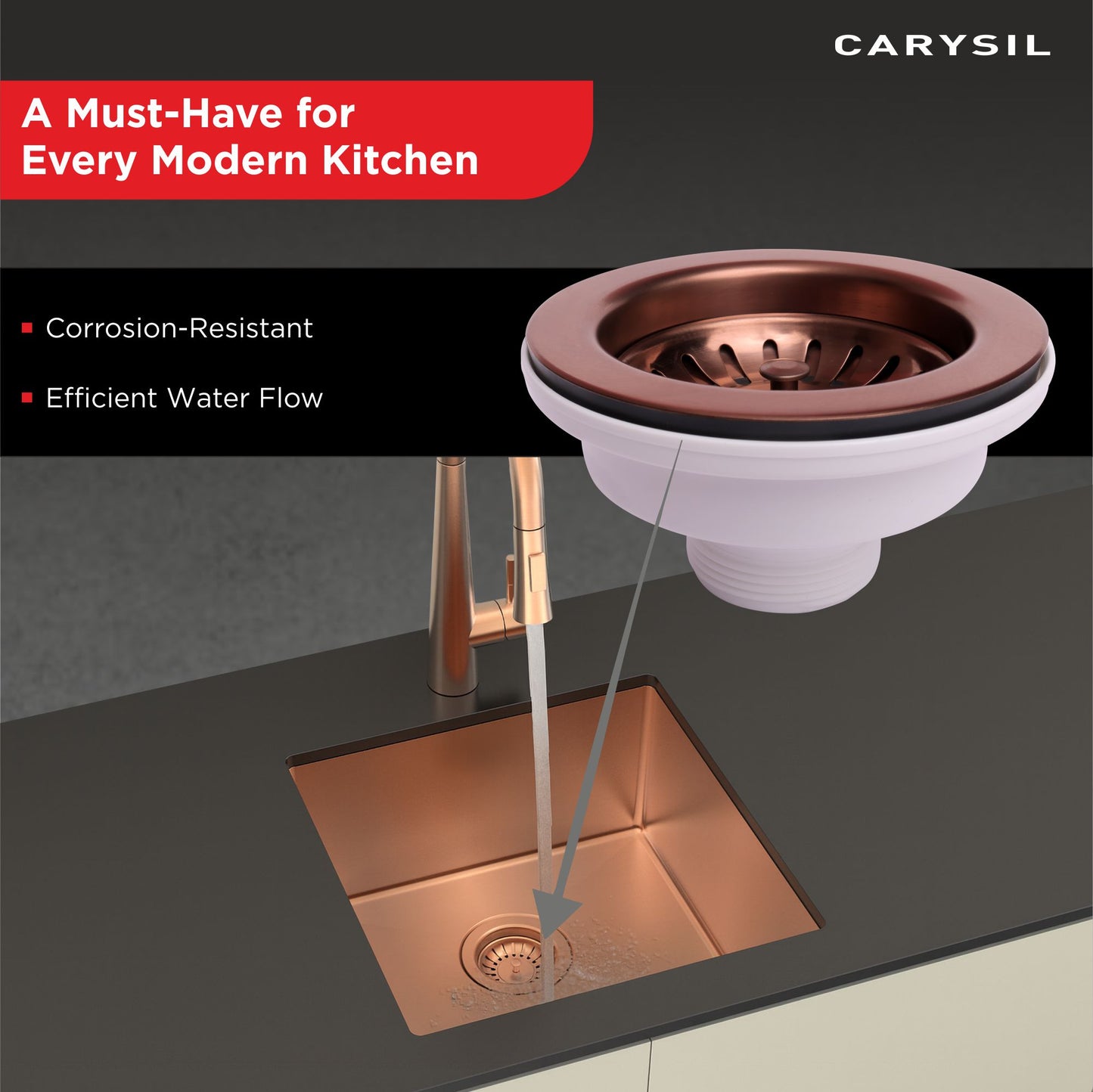 Carysil Round Waste Coupling for Kitchen Sink, Premium 304-grade Stainless Steel Coupling, Removable Waste Strainer for Kitchen Sink, Rust-Free, Corrosion-Resistant, Rose Gold PVD Finish