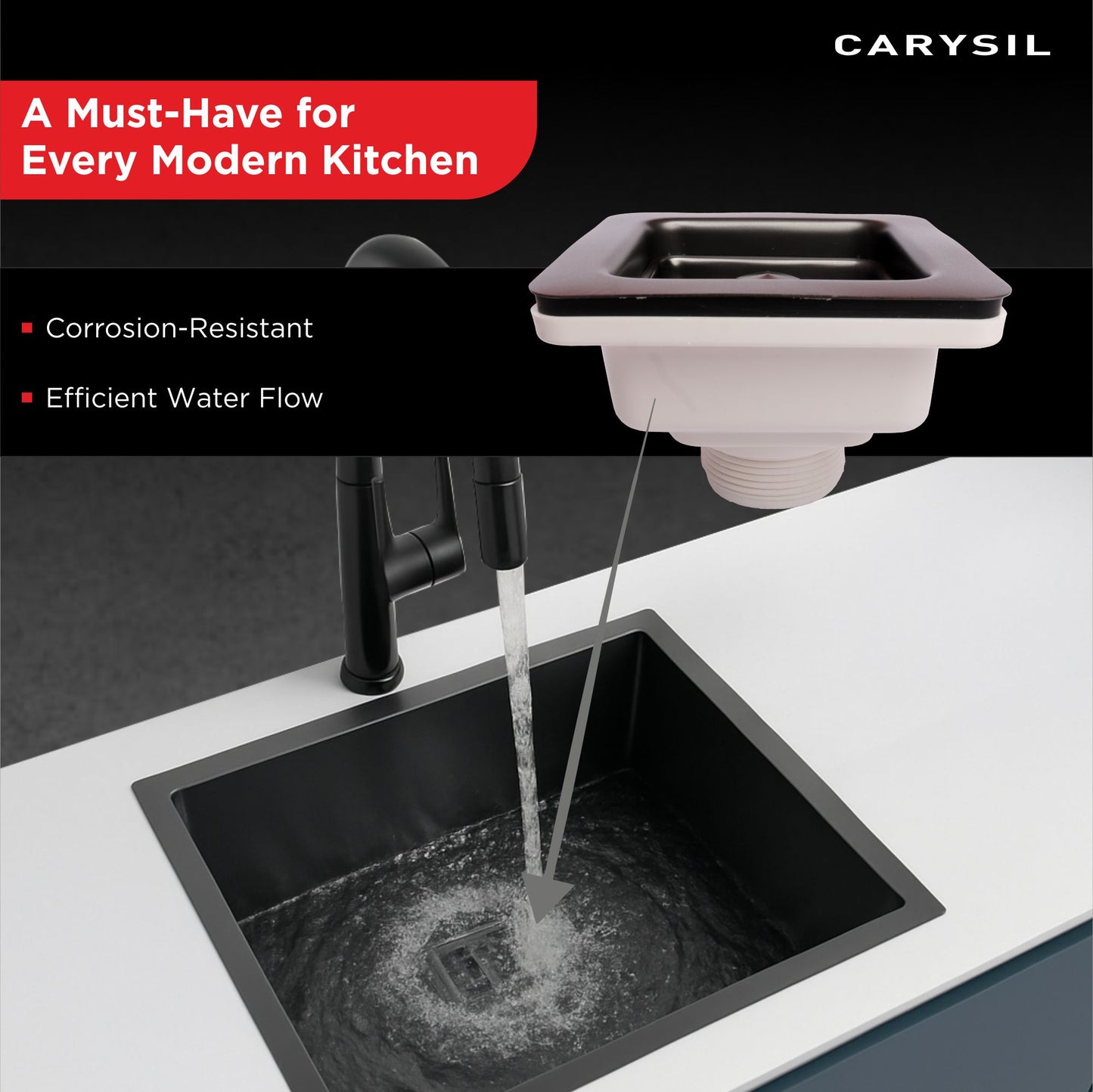 Carysil Square Waste Coupling for Kitchen Sink, Premium 304-grade Stainless Steel Coupling, Removable Waste Strainer for Kitchen Sink, Rust-free, Corrosion-Resistant, Matt Black PVD Finish