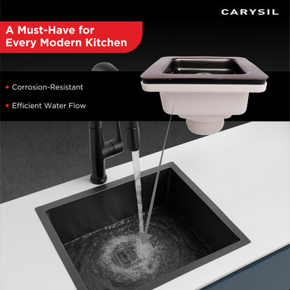 Carysil Square Waste Coupling for Kitchen Sink, Premium 304-grade Stainless Steel Coupling, Removable Waste Strainer for Kitchen Sink, Rust-free, Corrosion-Resistant, Matt Black PVD Finish