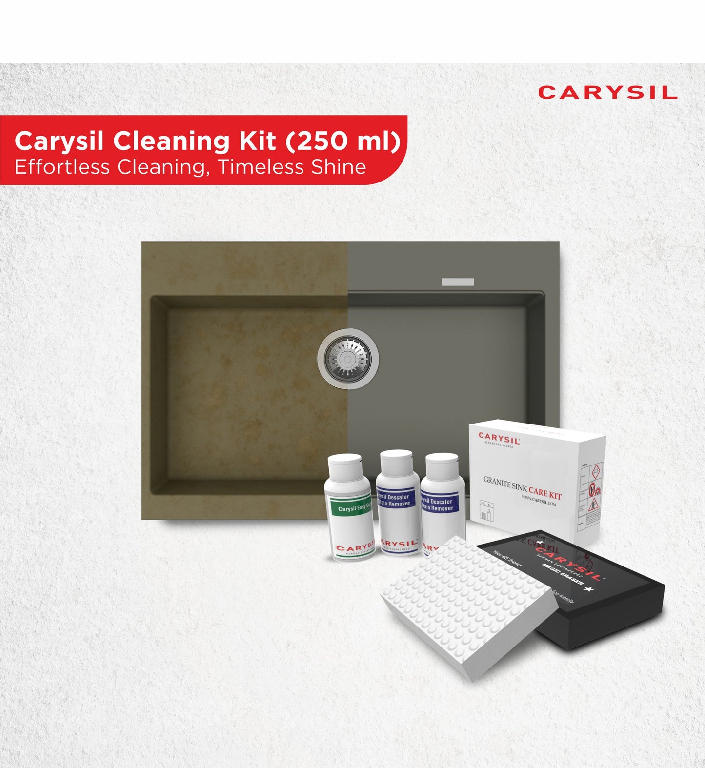 Carysil 3-in-1 Quartz Kitchen Sink Cleaning Care Kit, Includes Stain Remover, Lime Scale Descaler, Easy Care Shine Protector, and Magic Eraser for Deep Cleaning and Maintenance, 250 ml
