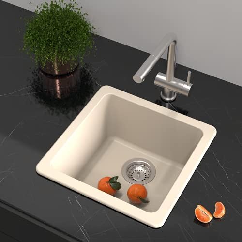 Carysil Neo Salsa Edge Cream Quartz Kitchen Sink, 16x16x8 inches, Single Bowl Noise Reduction Quartz Sink, Heat, Scratch & Stain Resistant, Sloping Drains, 304 SS Coupling