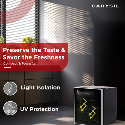 Carysil Mini Refrigerator, Stores up to 15 Wine Bottles, Free Standing, Single Cooling Zone (5°C-20°C), Manual Temperature Control, Toughened Glass Door, Compact and Stylish, Ideal for Home