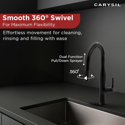 Carysil Alpha 1512 Modern Kitchen Faucet with Pull-Out Spray, High Arc with 360-Degree Swivel, Single-Lever Handle for Hot/Cold Water, Matt Black Finish, 5-Year Warranty