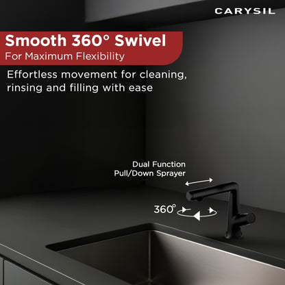Carysil Alpha 04 Kitchen Faucet, Pull-Out Sprayer, Solid Brass, 180° Swivel Spout, 2-Function Spray, Ceramic Cartridge, Stainless Steel Hoses, Easy Installation, Premium Packaging