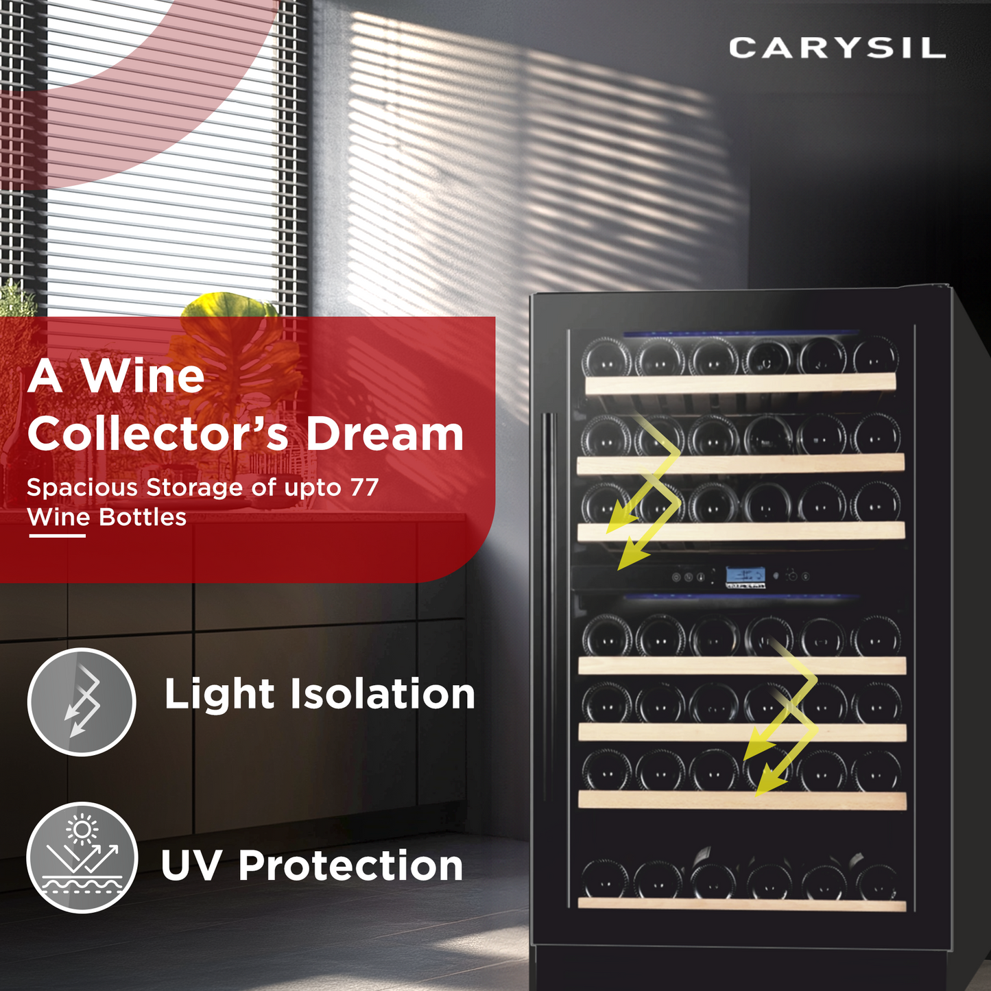 Carysil Wine Chiller, Stores up to 77 Bottles, Free Standing, Dual Cooling Zone (5°C-12°C White Wine & 12°C-20°C Red Wine), Adjustable Wooden Shelves with Toughened Glass Door, LED Display, Ideal for Home