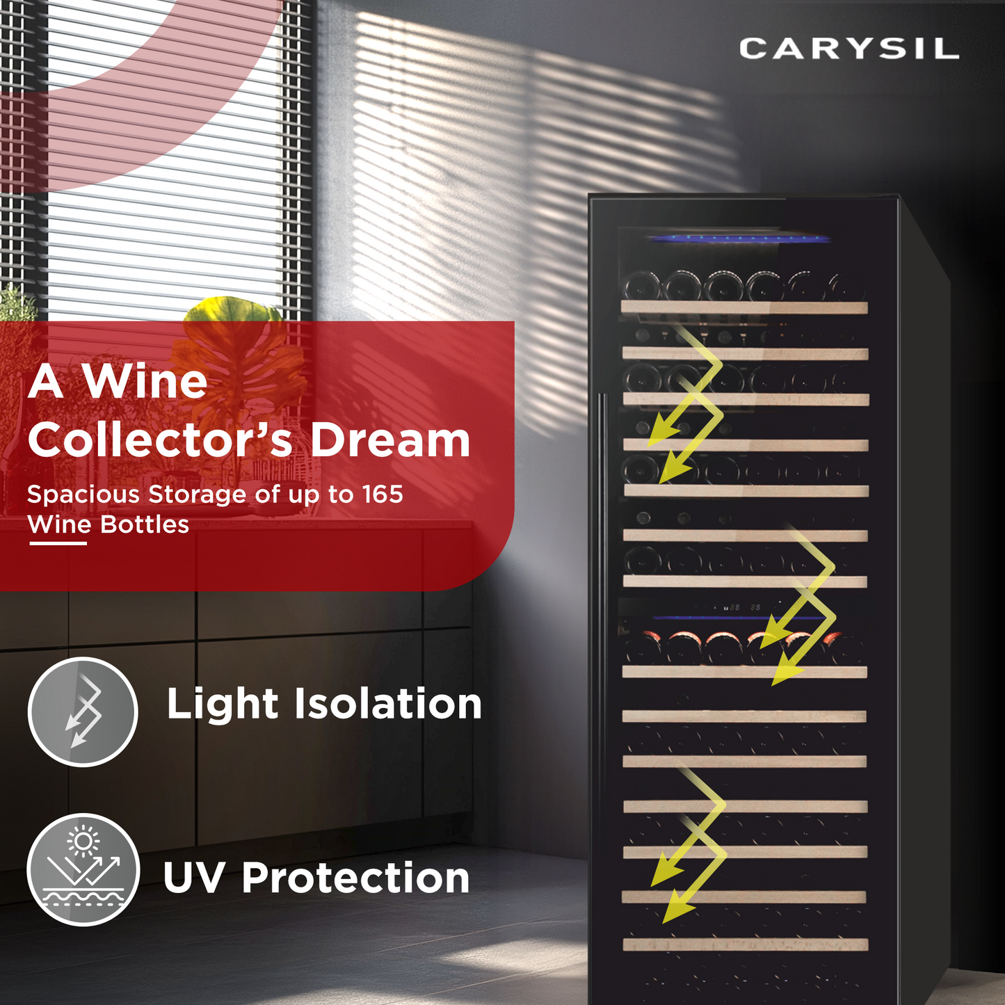 Carysil Wine Chiller, Stores up to 165 Bottles, Free Standing, Dual Cooling Zone (5°C-12°C White Wine & 12°C-20°C Red Wine), Adjustable Wooden Shelves with Toughened Glass Door, LED Display