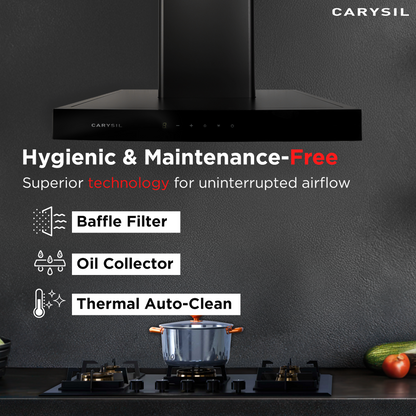 Carysil Mint 90 cm Kitchen Chimney, T-Shape, 1350 m³/hr Suction Capacity, Baffle Filter, Heat Auto Clean, 3-Speed Motion Sensor, LED Lamp, Lifetime Warranty