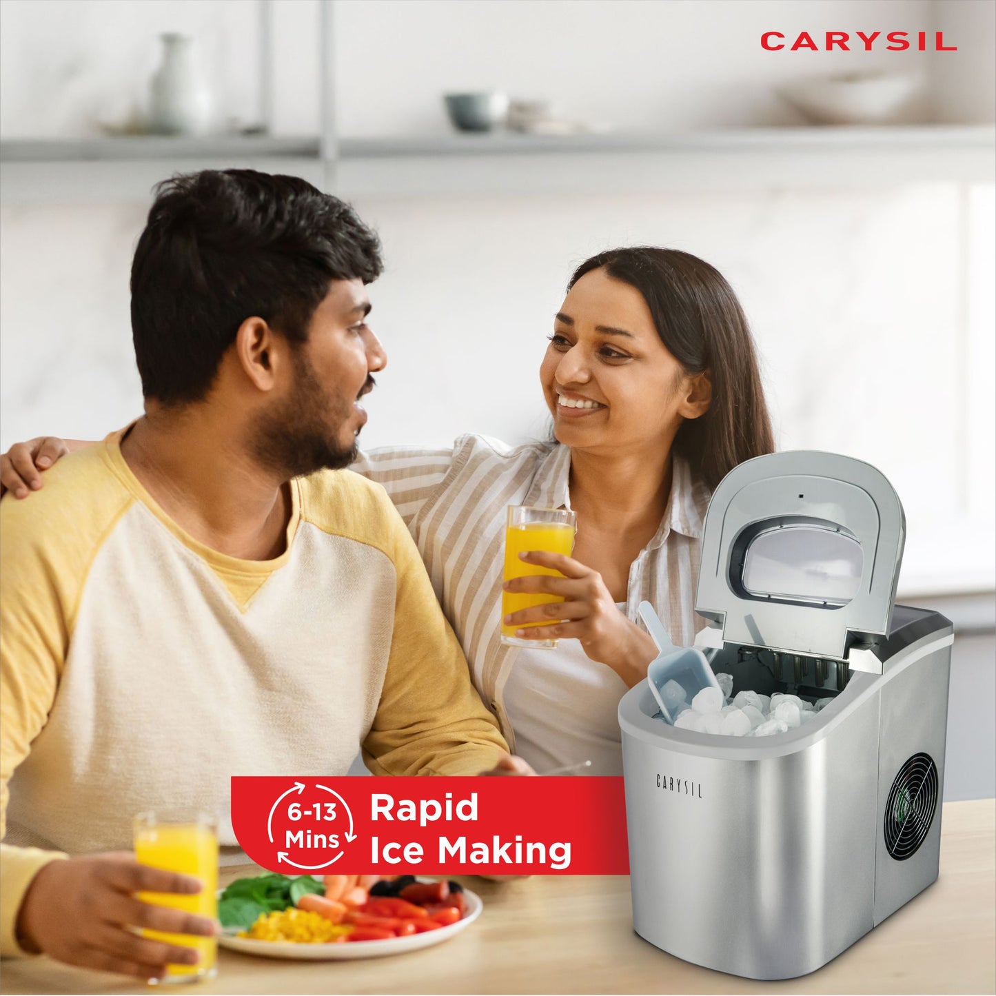 Carysil Joy Portable Compact Countertop Ice Maker, Makes 9 Ice Cubes Per Cycle, 12kg/24h Quick Ice Production, SS Finish with Ice Scoop, User-Friendly Control Panel for Home, Office & Outdoor Use