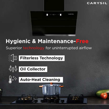 Carysil Ciaz 75 Kitchen Chimney, 1350 m³/hr Suction Capacity, Filterless, 3-speed Motion Sensor Technology, Heat Auto Clean, Inox Body & Tempered Finish, LED Lamp, 7-year Motor Warranty (Copy)