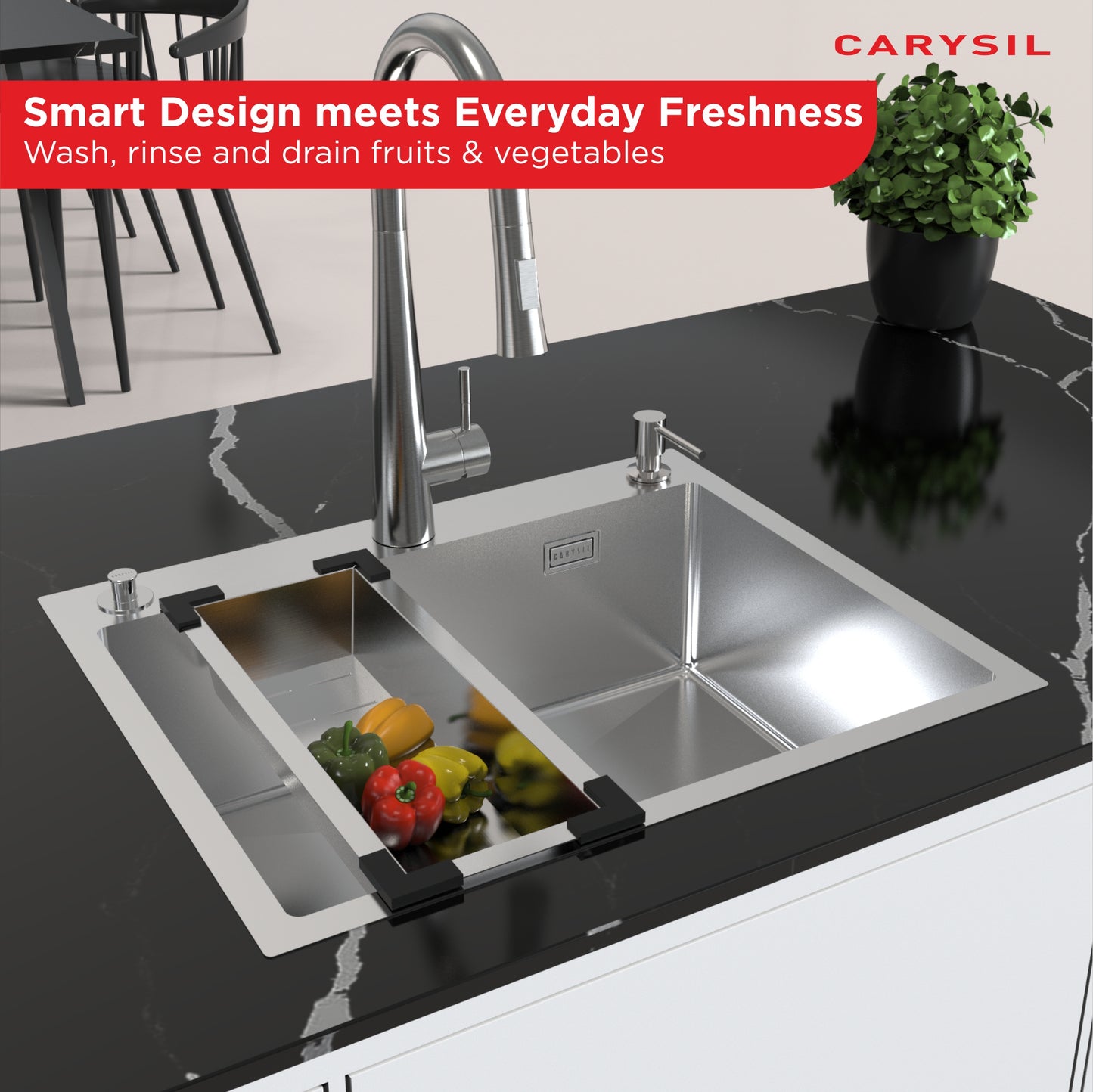 Carysil Stainless Steel Vegetable Colander for Kitchen Sink, Modern Kitchen Strainer, Rust Resistant, Compact, Easy Draining & Washing for Fruits, Vegetables, Pasta, 36.5x18x7.5 cm