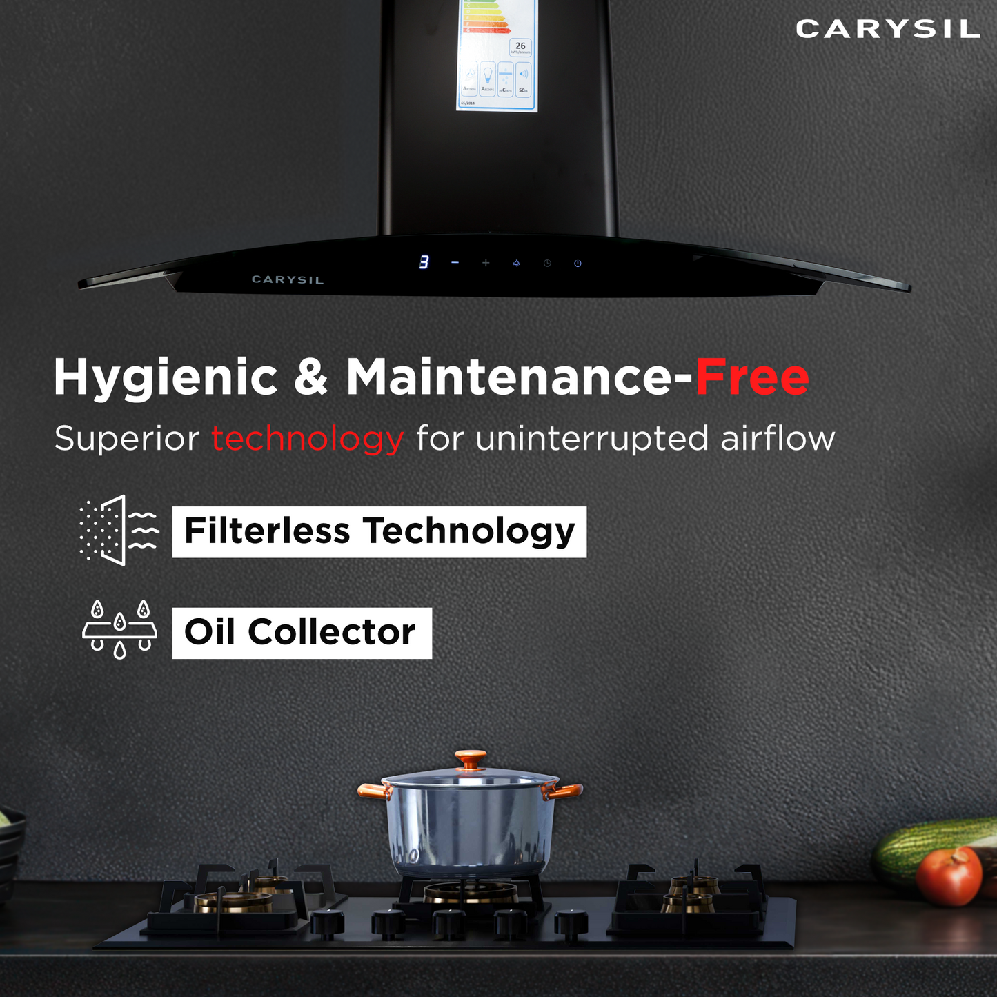 Carysil Rome 75 cm Kitchen Chimney, Curved Shape, 1100 m³/hr Suction Capacity, Filterless, BLDC Silent Motor, A-Energy Class, 3-Speed Touch Control, LED Lamp, 12-year Motor Warranty