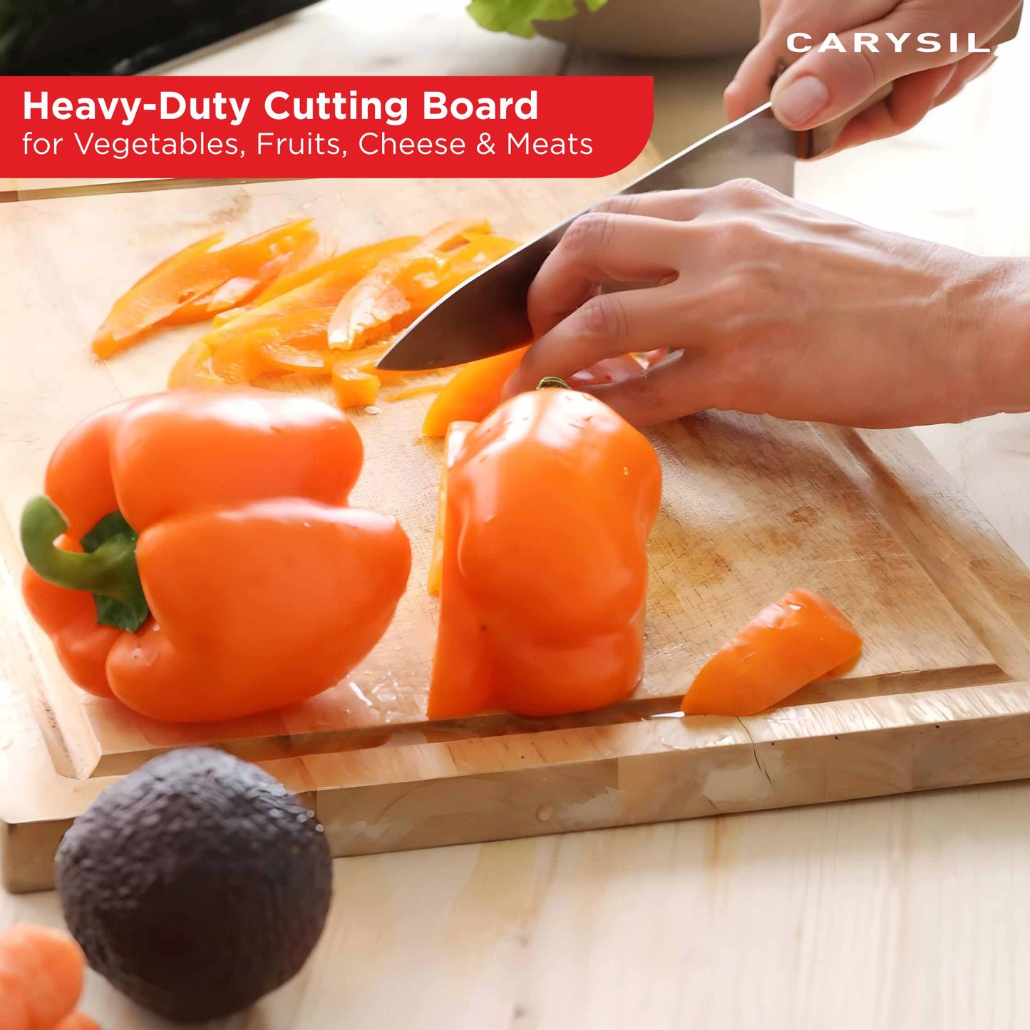 Carysil Chopping Board for Kitchen, Solid Teak Wood with 20mm Thickness, Heavy-Duty Cutting Board for Vegetables, Fruits, Cheese & Meats, Non-Slip, BPA-Free, Eco-Friendly & Anti-Bacterial Surface