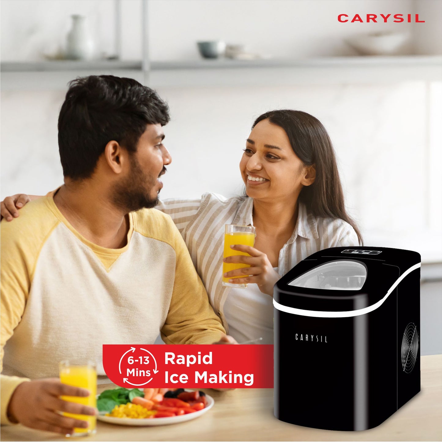 Carysil Sparkle Portable Compact Countertop Ice Maker, Makes 9 Ice Cubes Per Cycle, 12kg/24h Quick Ice Production, SS Finish with Ice Scoop, User-Friendly Control Panel for Home, Office & Outdoor Use