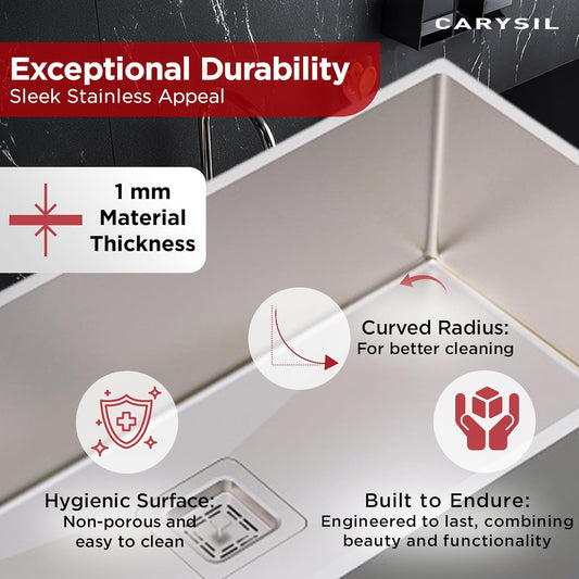 Carysil Micro Radius R10 Ultra Stainless Steel Kitchen Sink, 24x18x8 inches, Single Bowl 10-mm Corner Radius, Noise Reduction, Heat, Scratch & Stain Resistant, Sloping Drains, 304 SS Coupling, Satin