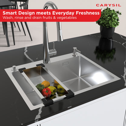 Carysil Stainless Steel Vegetable Colander for Kitchen Sink, Modern Kitchen Strainer, Rust Resistant, Compact, Easy Draining & Washing for Fruits, Vegetables, Pasta, 37.5x18x7.5 cm