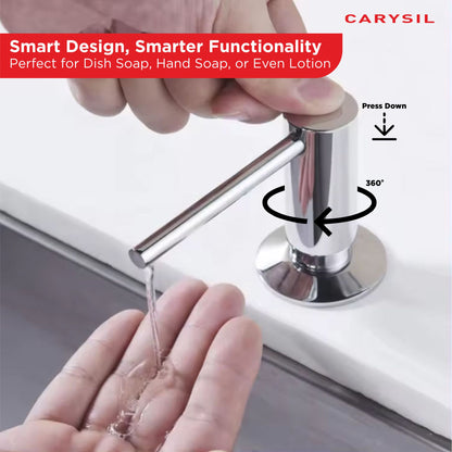 Carysil Kitchen Sink Soap Dispenser, 300ml Top Refill Built-in Countertop Stainless Steel Pump with 360° Rotating Head for Liquid Soap, Matt Black