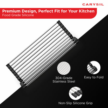 Carysil Fold Mat Roll Up Dish Drying Rack for Kitchen Sink, Multipurpose Stainless Steel Drainer, Heat Resistant, Anti-Slip, Anti-Rust, Space-Saving Drying Foldable Mat, 36.8x2.6x1.4 cm