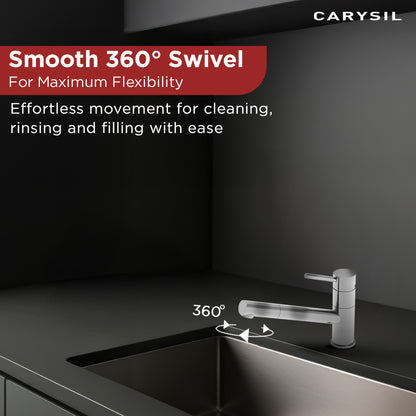 Carysil Alpha 1509 Modern Kitchen Faucet, 360-Degree Swivel Spout, Single-Lever Handle for Hot/Cold Water, Chrome, 5-Year Warranty