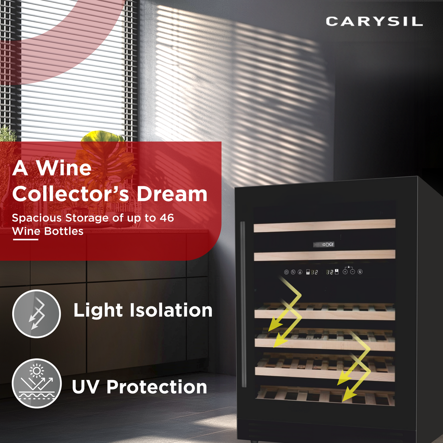 Carysil Wine Chiller, Stores up to 46 Bottles, Free Standing, Dual Cooling Zone (5°C-12°C White Wine & 12°C-20°C Red Wine),  Adjustable Wooden Shelves with Toughened Glass Door, LED Display, Ideal for Home