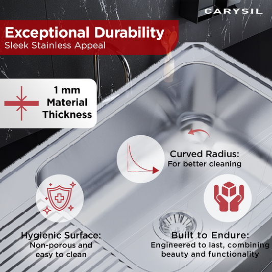 Carysil Vogue Pro Stainless Steel Kitchen Sink, 40x20x9 inches, Single Bowl with Drainboard 304-SS Sink, Noise Reduction, Heat, Scratch & Stain Resistant, Sloping Drains, 304 SS Coupling, Gloss