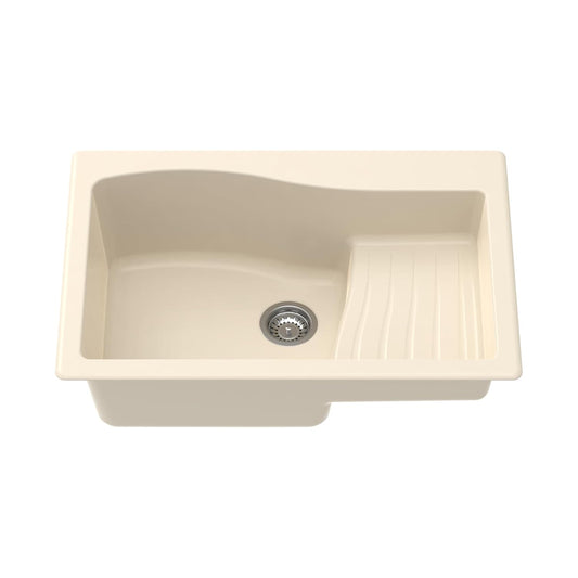 Carysil Quartz New Ascend Single Bowl Kitchen Sink, Real Stone Finish, 304 Stainless Steel Coupling, Kitchen Sink with Sloping Drain, Noise Reduction Design, 34x20x8 inches, Cream