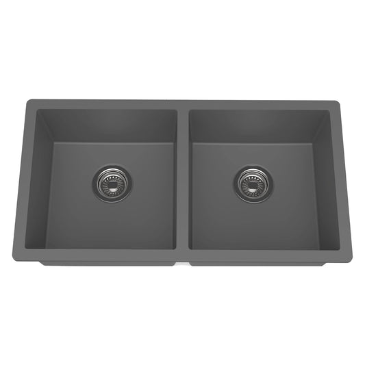 Carysil Quartz Dolce UK Series Double Bowl Kitchen Sink, Real Stone Finish, 304 Stainless Steel Coupling, Kitchen Sink with Sloping Drain, Noise Reduction Design, 34x18x8 inches, Whisper Grey