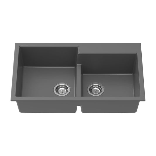 Carysil Quartz Tip Toe N 200 Double Bowl Kitchen Sink, Real Stone Finish, 304 Stainless Steel Coupling, Kitchen Sink with Sloping Drain, Noise Reduction Design, 34x20x8 inches, Basalt Grey