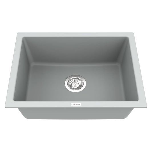 Carysil Quartz Titanium Max Plus Series Single Bowl Kitchen Sink, Real Stone Finish, 304 Stainless Steel Coupling, Kitchen Sink with Sloping Drain, Noise Reduction Design, 24x18x8 inches, Croma