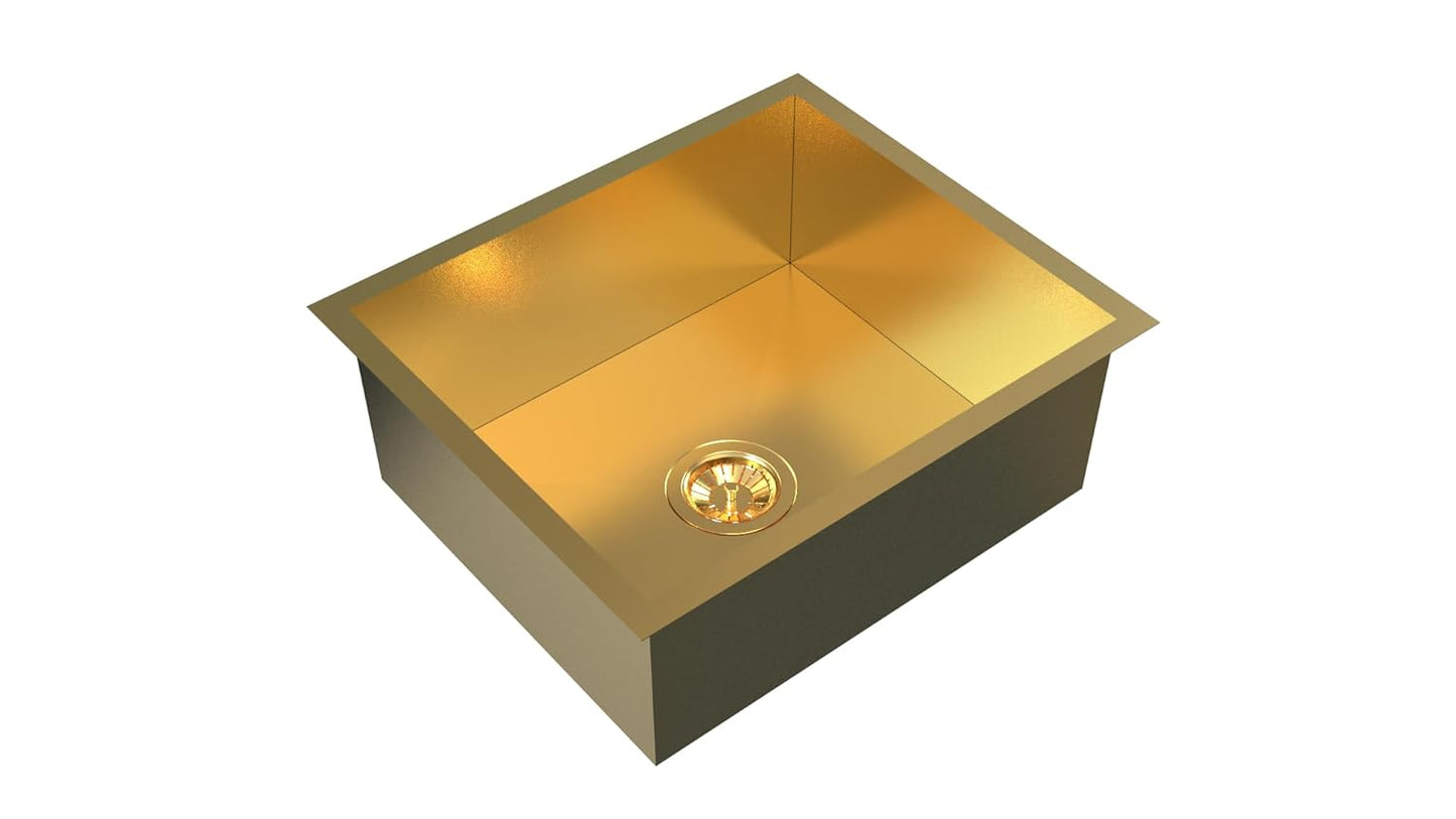 Carysil Classic Quadro N100 PVD Finish Single Bowl Kitchen Sink, Stainless Steel Zero Radius Sink, Deep Bowl, Sloping Drains, Noise Reduction, 304 Coupling, 24x18x8 inches, Yellow Gold
