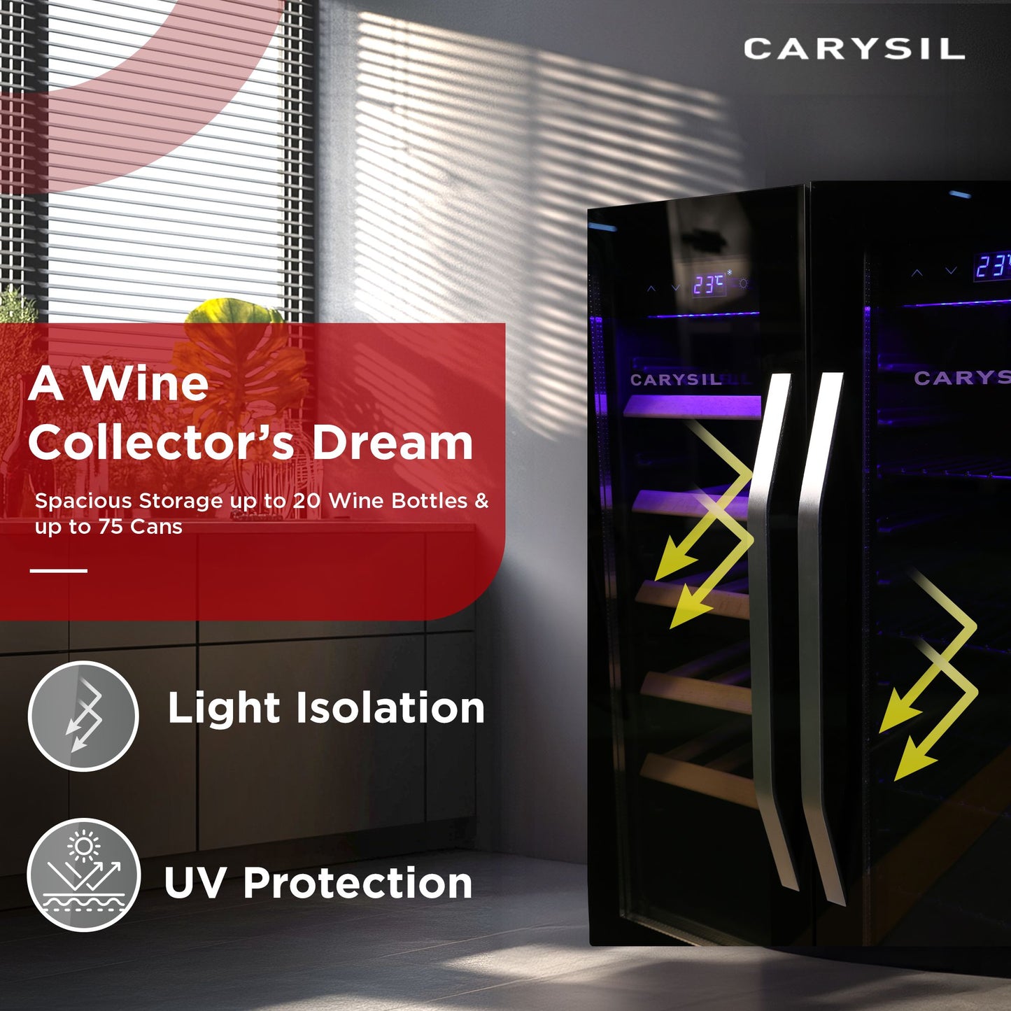 Carysil Wine Chiller & Soft Drink Cooler, Stores up to 20 Wine Bottles & up to 75 Cans, Free Standing, Dual Cooling Zone (3°C-12°C White Wine & 12°C-20°C Red Wine), Adjustable Wooden Shelves with Toughened Glass Door, LED Display, Ideal for Home