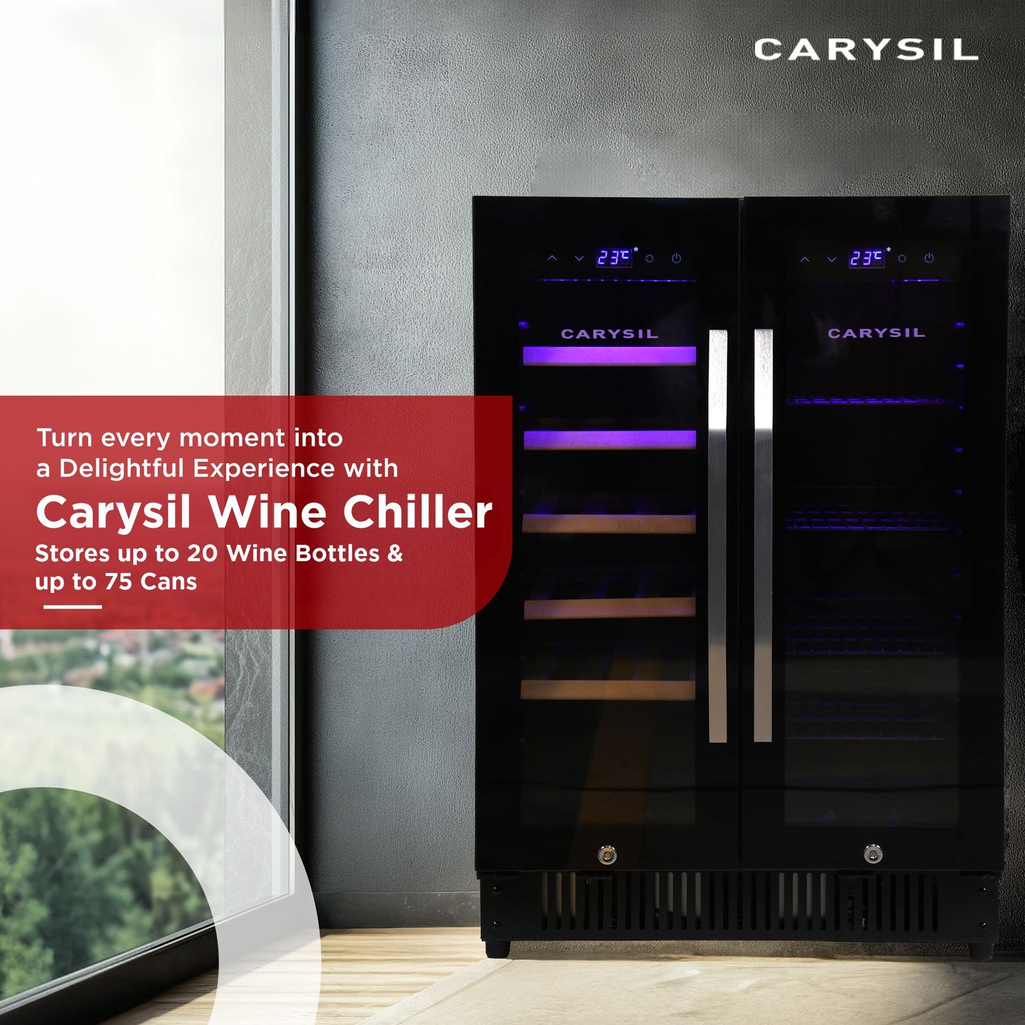 Carysil Wine Chiller & Soft Drink Cooler, Stores up to 20 Wine Bottles & up to 75 Cans, Free Standing, Dual Cooling Zone (3°C-12°C White Wine & 12°C-20°C Red Wine), Adjustable Wooden Shelves with Toughened Glass Door, LED Display, Ideal for Home