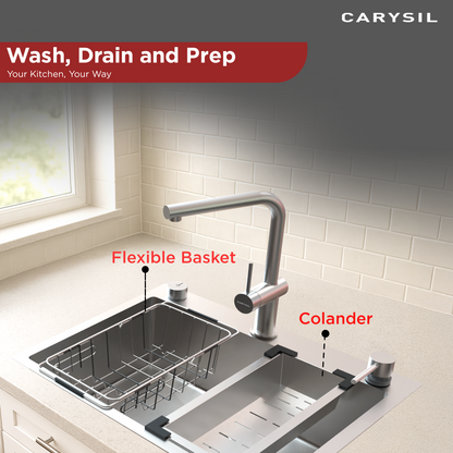Carysil All-in-one Workstation Sink, 304 Stainless Steel Kitchen Sink with Pull-out Faucet, Soap Dispenser, Chopping Board, Flexible Basket, Colander, 22x20x8 inches, Chrome