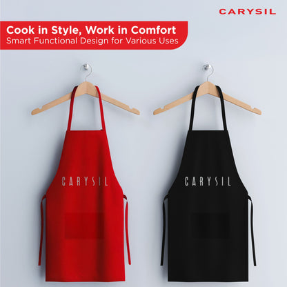 Carysil Premium 100% Cotton Apron with Front Center Pocket & Brand Embroidery, Machine Washable, Unisex Kitchen Apron for Home Use, Black Colour