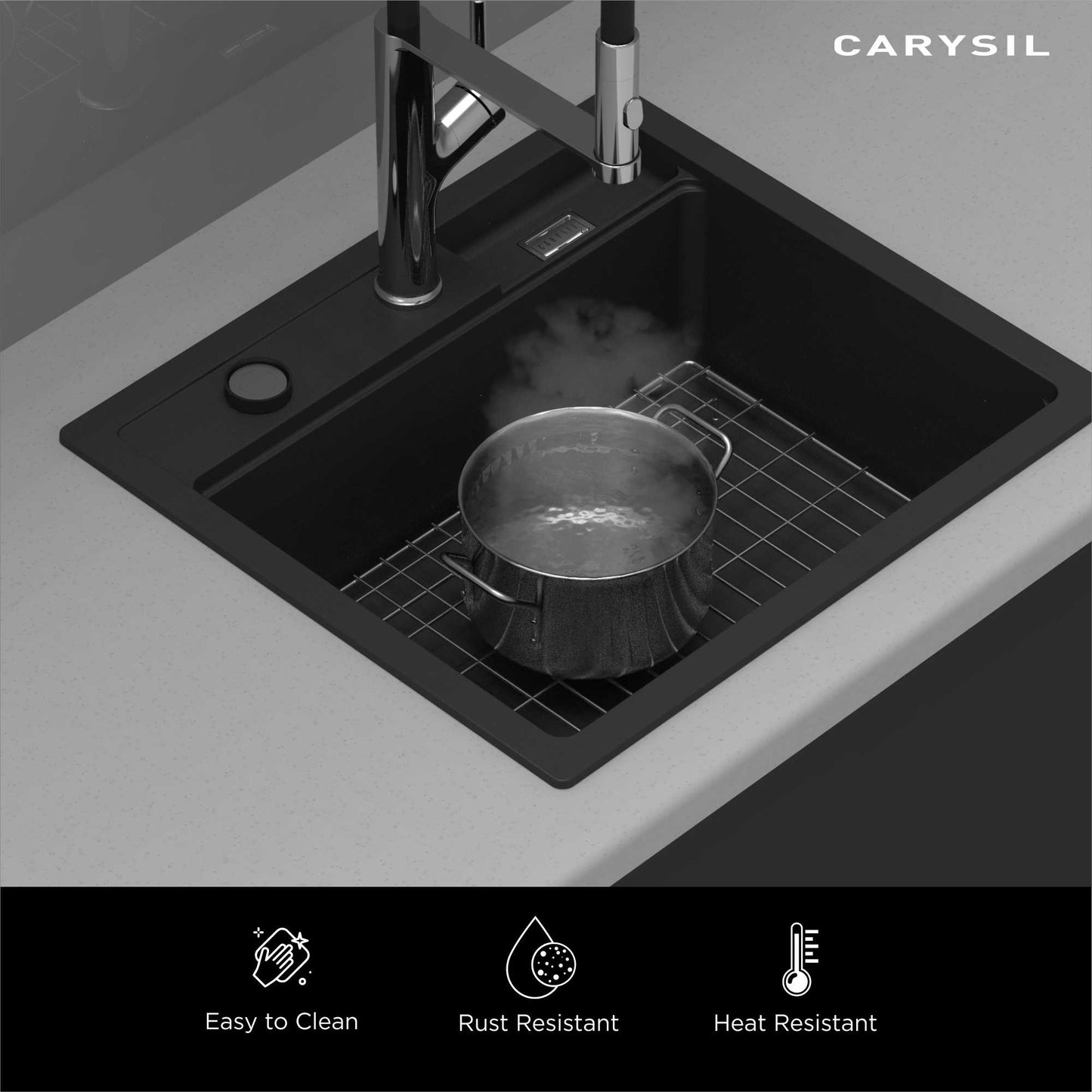 Carysil Wire Grid for Kitchen Sink, 304-Grade Stainless Steel, Metal Dish Drying Rack, Self Draining, Prevents Sliding, Kitchen Sink Accessories, 68.2x33.2x2.96 cm