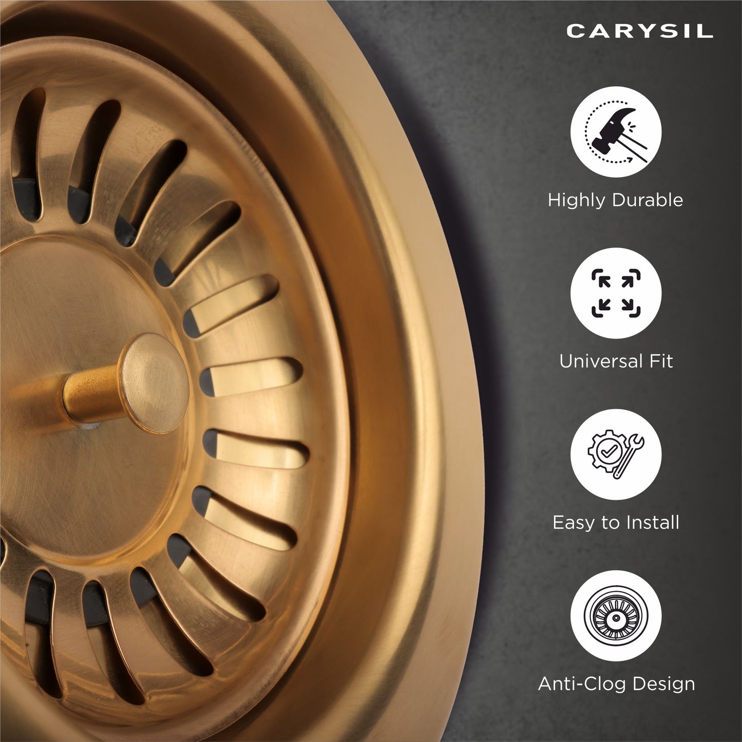Carysil Round Waste Coupling for Kitchen Sink, Premium 304-grade Stainless Steel Coupling, Removable Waste Strainer for Kitchen Sink, Rust-Free, Corrosion-Resistant, Yellow Gold PVD Finish