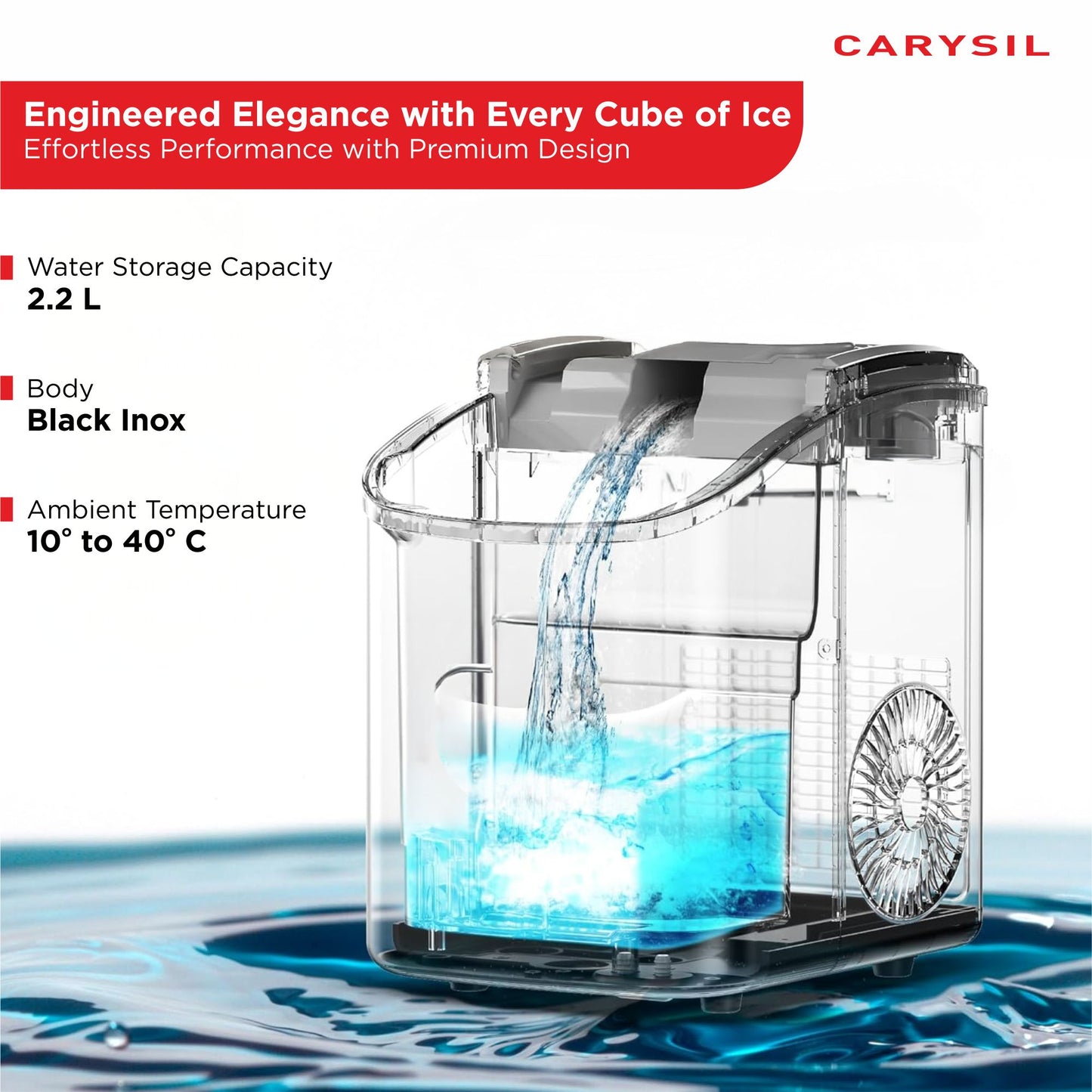 Carysil Sparkle Portable Compact Countertop Ice Maker, Makes 9 Ice Cubes Per Cycle, 12kg/24h Quick Ice Production, SS Finish with Ice Scoop, User-Friendly Control Panel for Home, Office & Outdoor Use