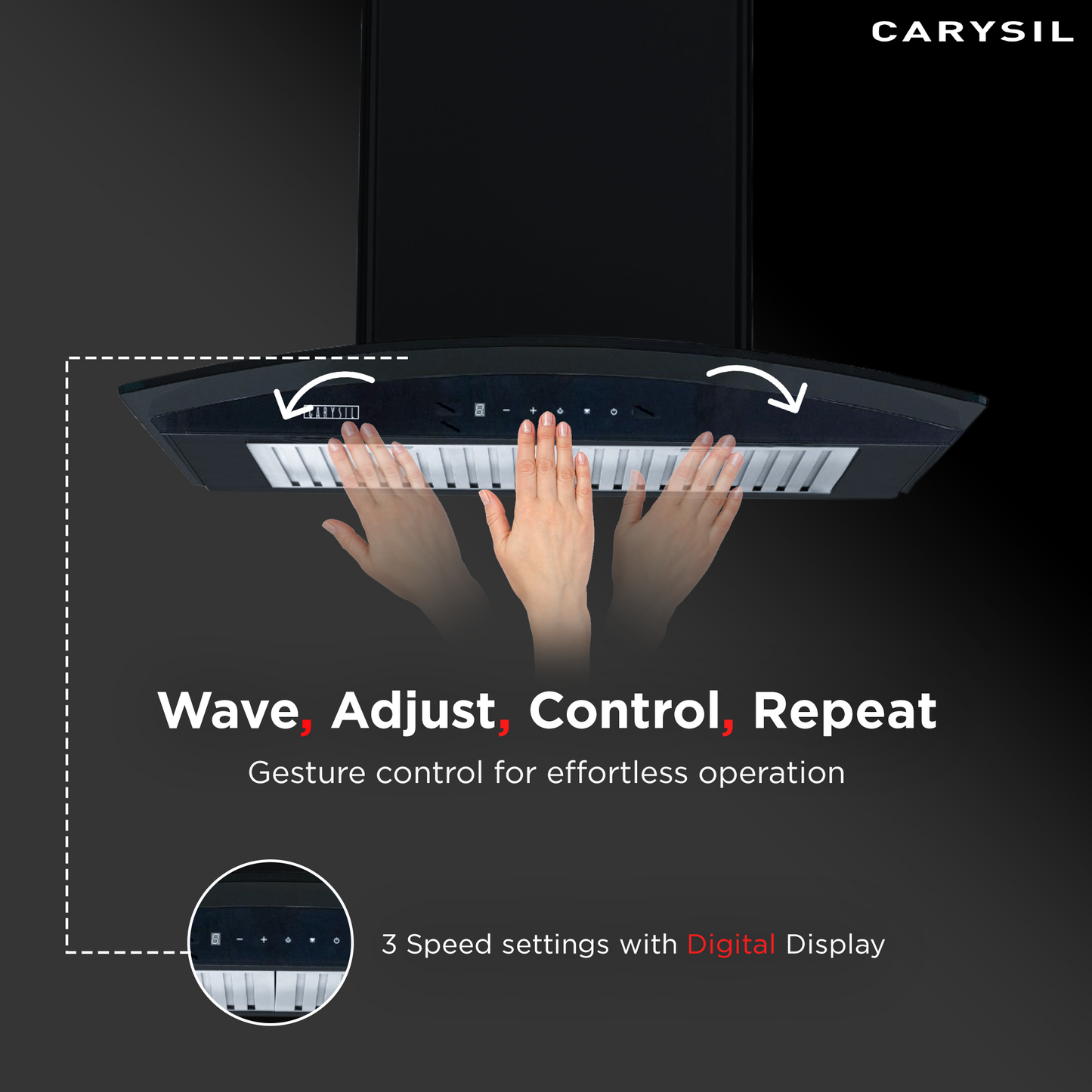 Carysil Rome 60 cm Kitchen Chimney, Curved Shape, 1250 m³/hr Suction Capacity, Baffle Filter, BLDC Silent Motor, A-Energy Class, 9-Speed Touch Control, LED Lamp, Lifetime Warranty