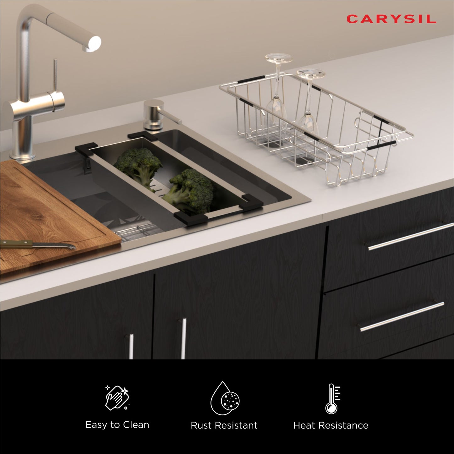 Carysil Multipurpose 304-Grade Stainless Steel Rust-Resistant, Expandable Kitchen Basket for Straining Vegetables, Fruits, and More, Ideal for Daily Use, Easy to Clean, Durable
