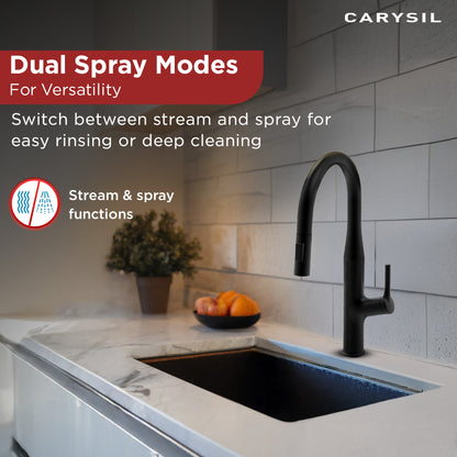 Carysil Alpha 1512 Modern Kitchen Faucet with Pull-Out Spray, High Arc with 360-Degree Swivel, Single-Lever Handle for Hot/Cold Water, Matt Black Finish, 5-Year Warranty