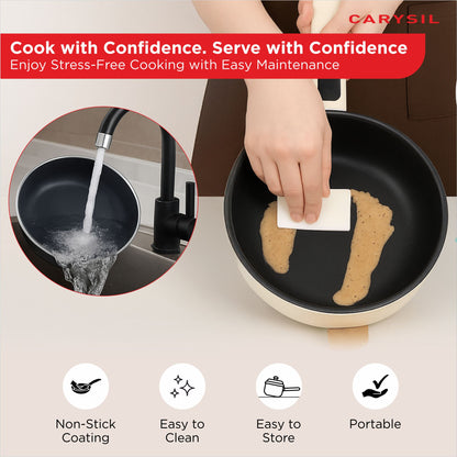 Carysil Multi-Function Cooking Pot 4L Capacity, Multifunctional Electric Pot, Portable Ramen Cooker, Non-stick Mini Hot Pot for Steak, Egg, Oatmeal, Soup with Power Adjustable